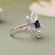 Cushion Cut Blue Sapphire And CVD Diamond Rose Cut Pear Flower Ring