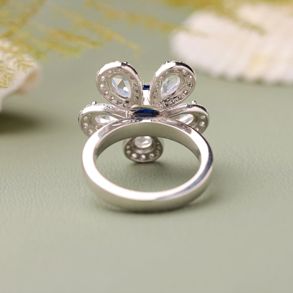 Cushion Cut Blue Sapphire And CVD Diamond Rose Cut Pear Flower Ring