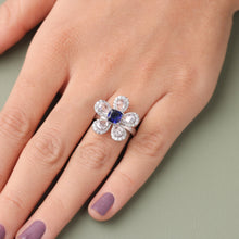 Cushion Cut Blue Sapphire And CVD Diamond Rose Cut Pear Flower Ring