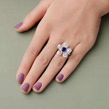 Cushion Cut Blue Sapphire And CVD Diamond Rose Cut Pear Flower Ring