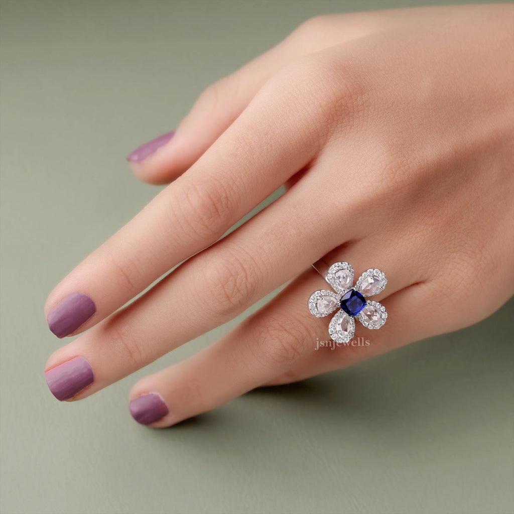 Cushion Cut Blue Sapphire And CVD Diamond Rose Cut Pear Flower Ring