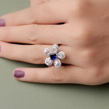 Cushion Cut Blue Sapphire And CVD Diamond Rose Cut Pear Flower Ring