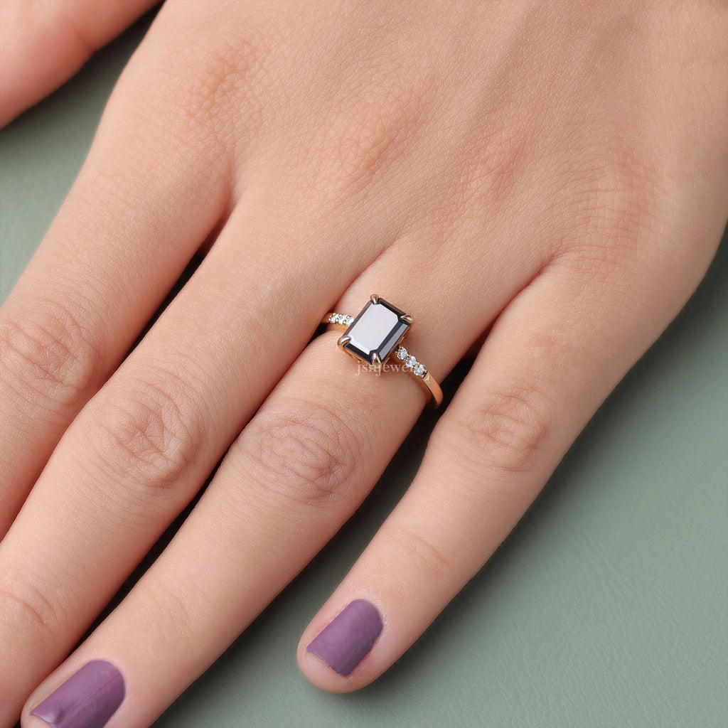 Emerald Cut Black Lab Created Diamond Engagement Ring