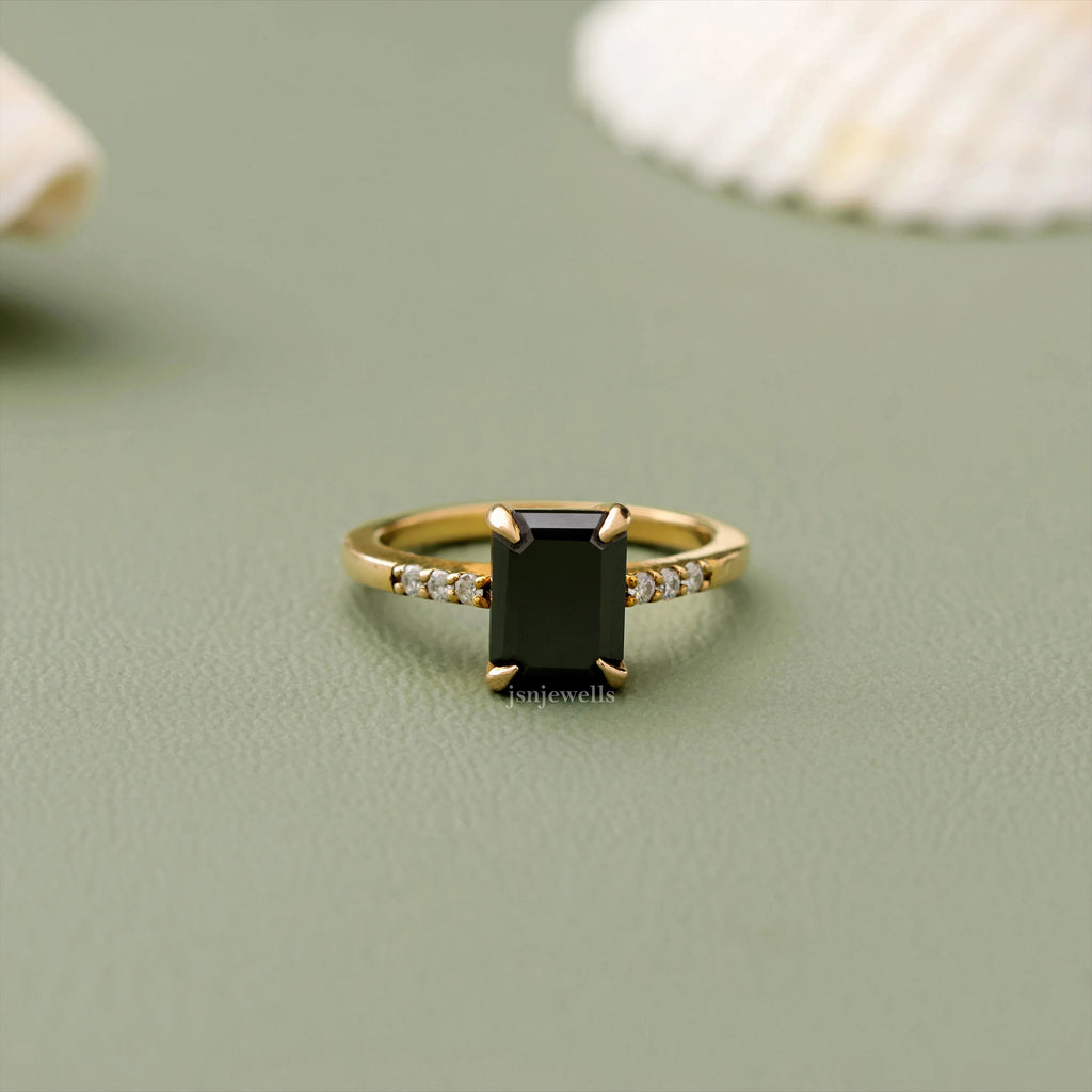 Emerald Cut Black Lab Created Diamond Engagement Ring