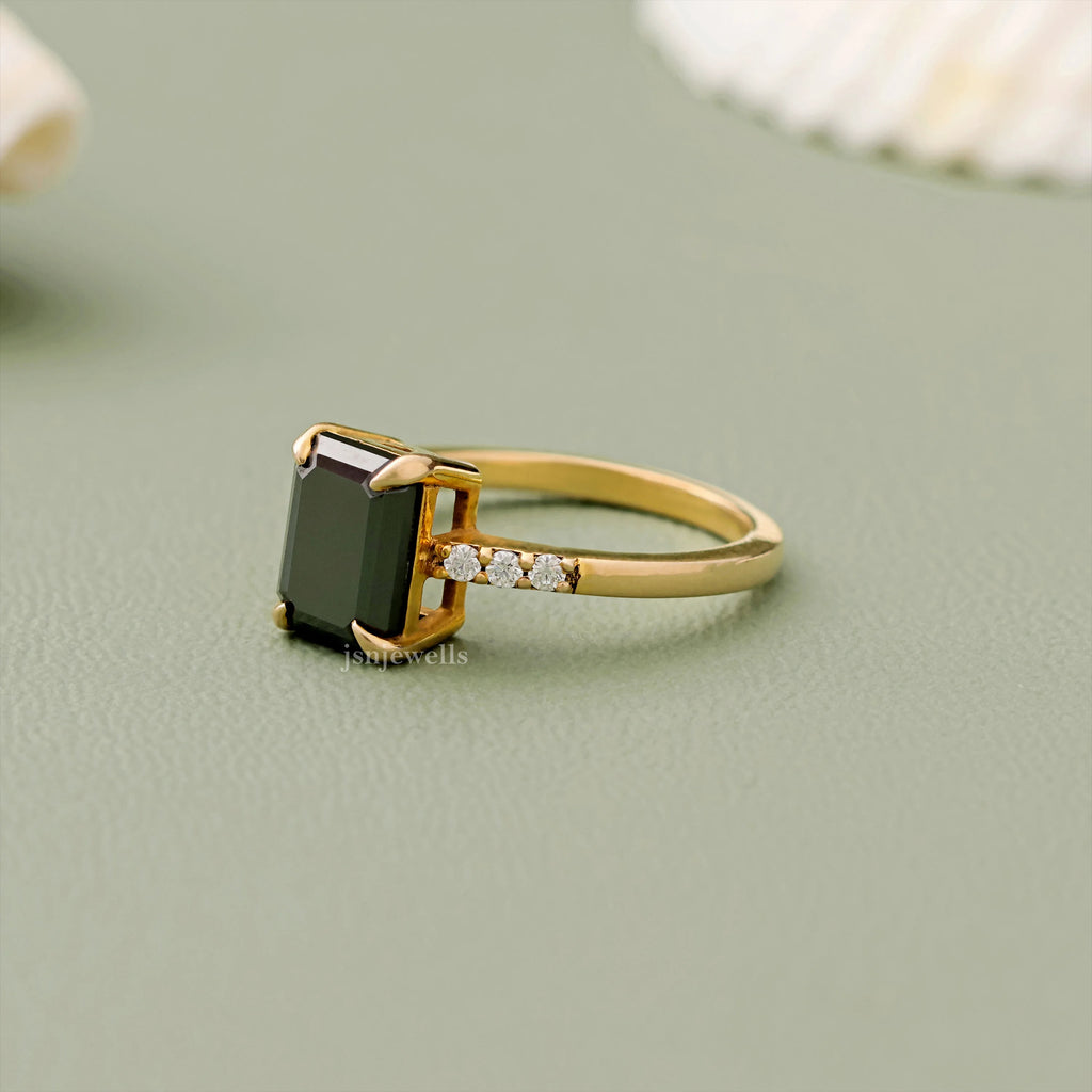 Emerald Cut Black Lab Created Diamond Engagement Ring