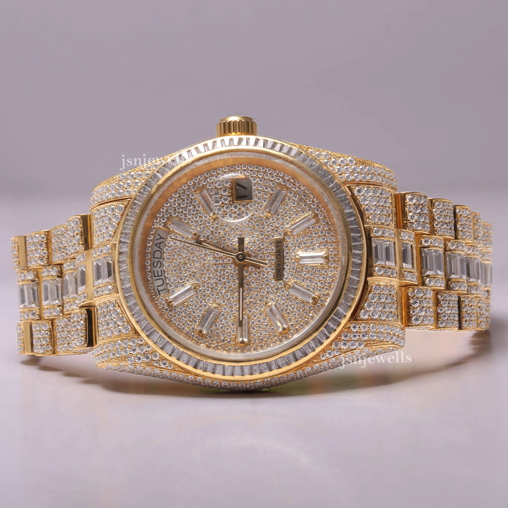 Fully Iced Out Round-Baguette Cut Natural Diamond Swiss Movement Wrist Watch