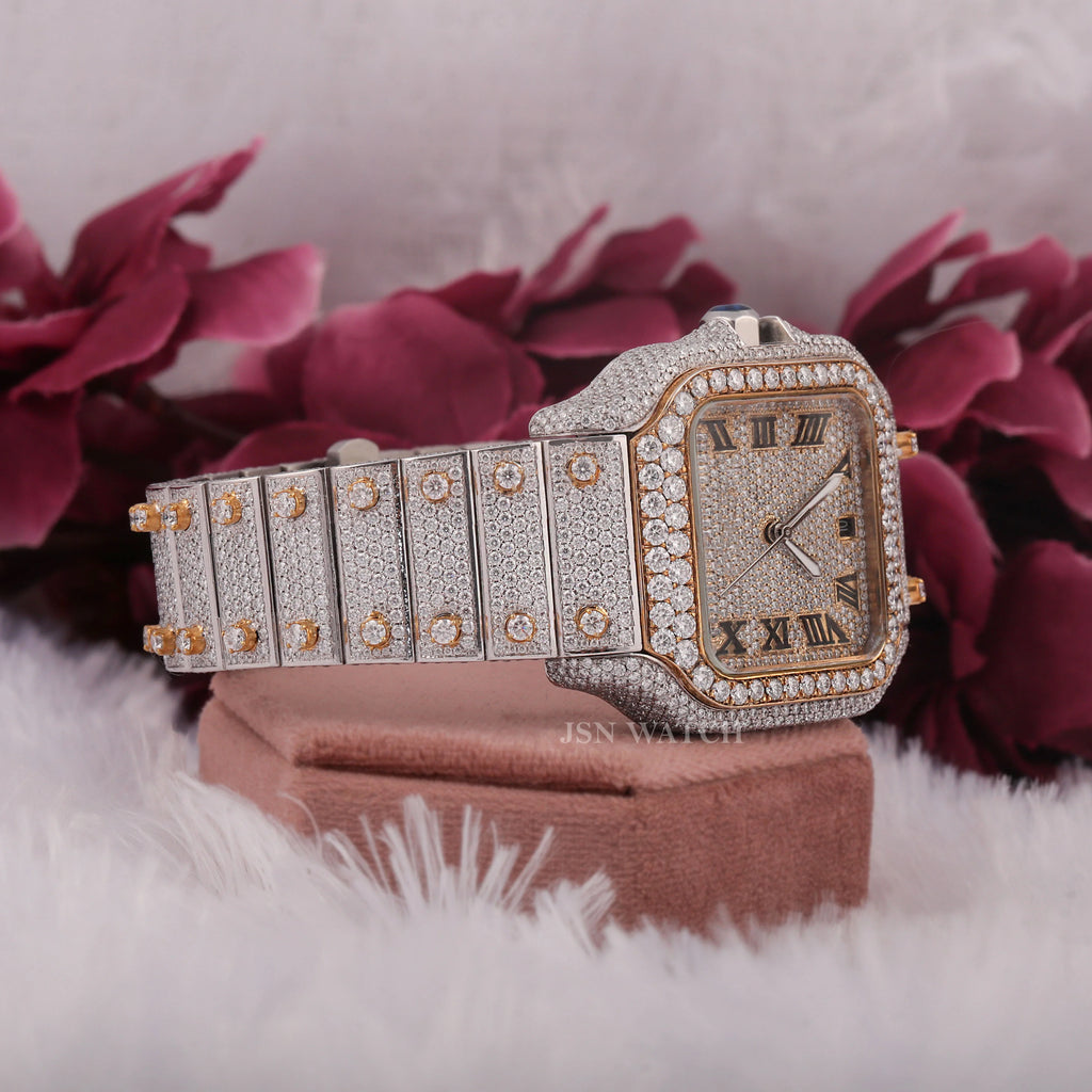 Fully Iced Out Square Dial Moissanite Watch With Roman Dial