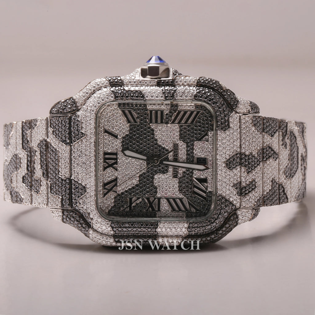 Two Tone Zebra Print Full Iced Out Moissanite Watch