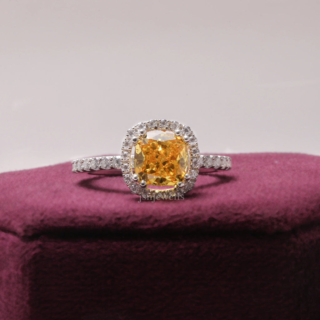 1.10 Ct Yellow Cushion Cut Lab Diamond Halo Ring