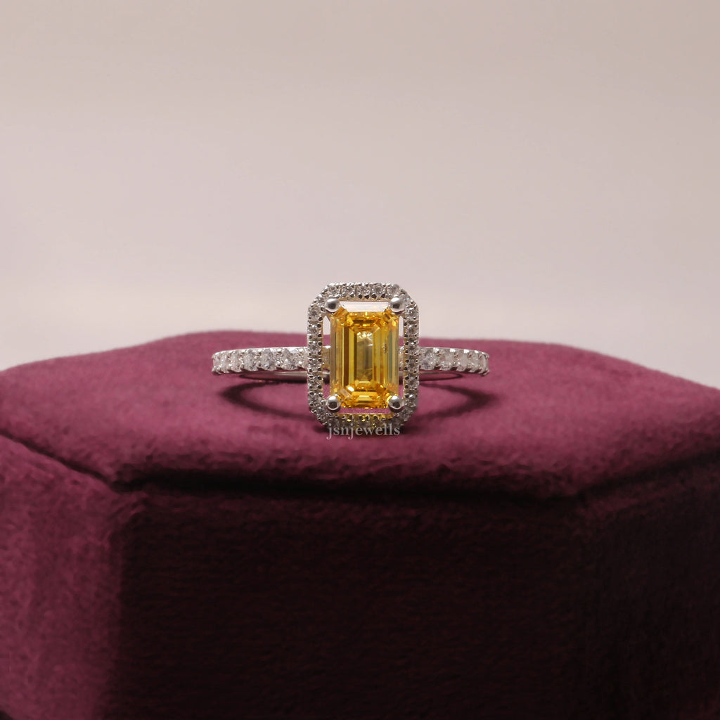 1.50 Ct Emerald Cut Yellow CVD Diamond Halo Setting With Accent Engagement Ring