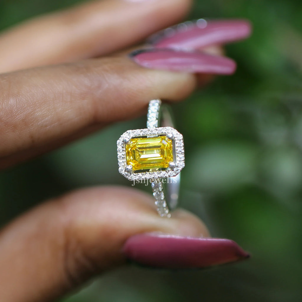 1.50 Ct Emerald Cut Yellow CVD Diamond Halo Setting With Accent Engagement Ring