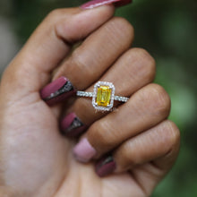 1.50 Ct Emerald Cut Yellow CVD Diamond Halo Setting With Accent Engagement Ring