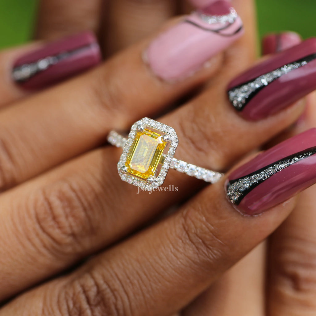 1.50 Ct Emerald Cut Yellow CVD Diamond Halo Setting With Accent Engagement Ring