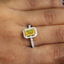 1.50 Ct Emerald Cut Yellow CVD Diamond Halo Setting With Accent Engagement Ring