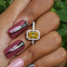 1.50 Ct Emerald Cut Yellow CVD Diamond Halo Setting With Accent Engagement Ring