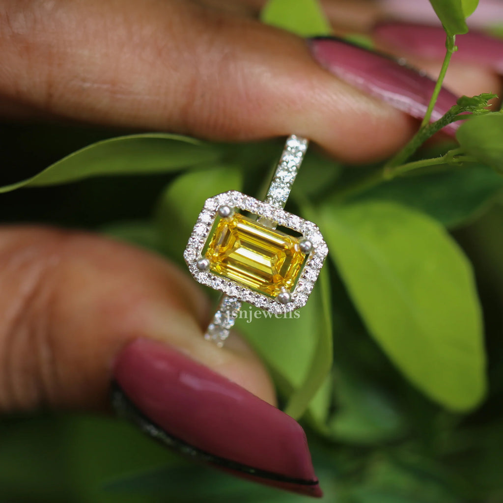 1.50 Ct Emerald Cut Yellow CVD Diamond Halo Setting With Accent Engagement Ring