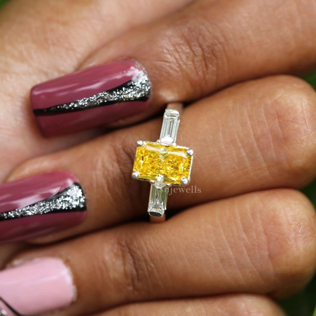 Yellow Radiant & Baguettet Cut CVD Diamond Engagement Ring