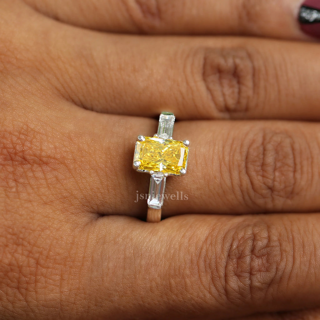 Yellow Radiant & Baguettet Cut CVD Diamond Engagement Ring