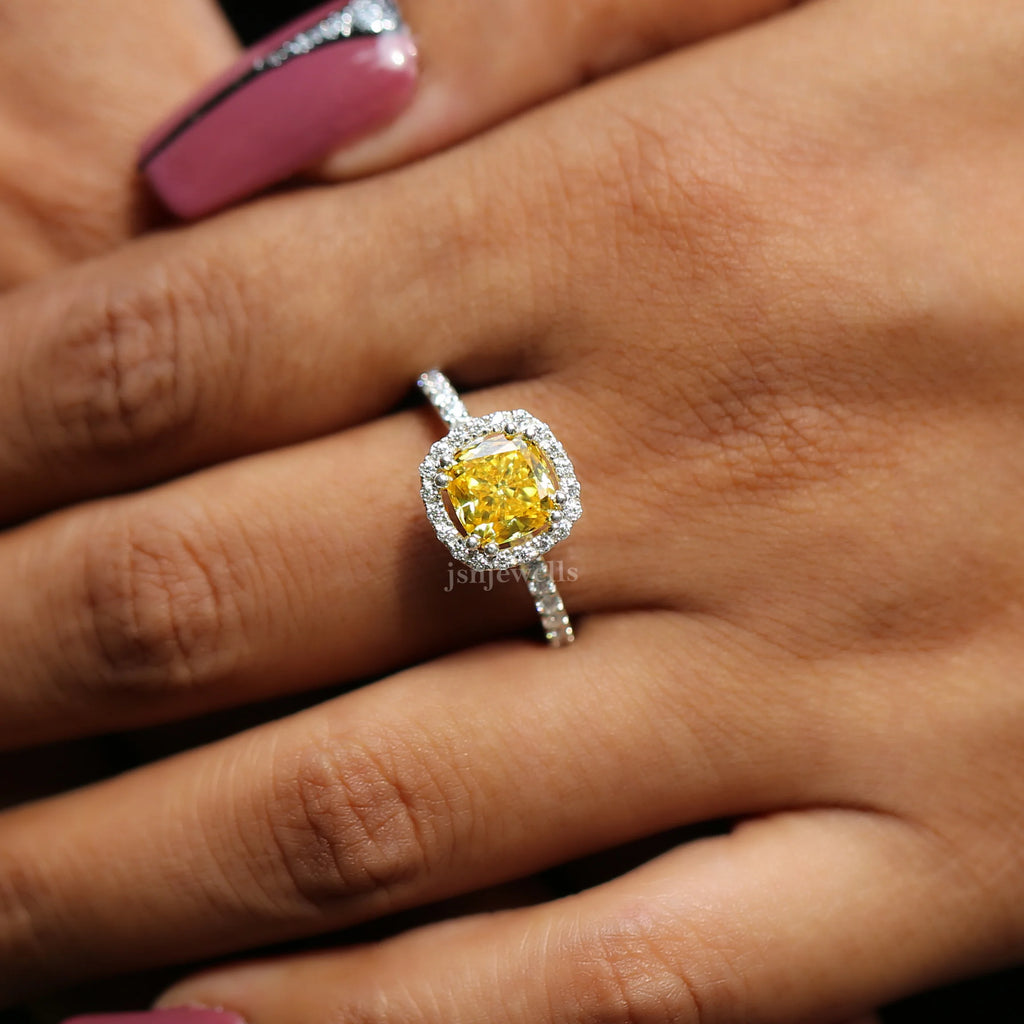 1.10 Ct Yellow Cushion Cut Lab Diamond Halo Ring