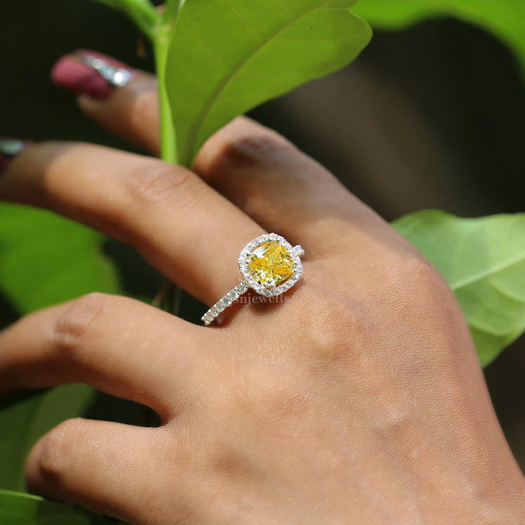 1.10 Ct Yellow Cushion Cut Lab Diamond Halo Ring