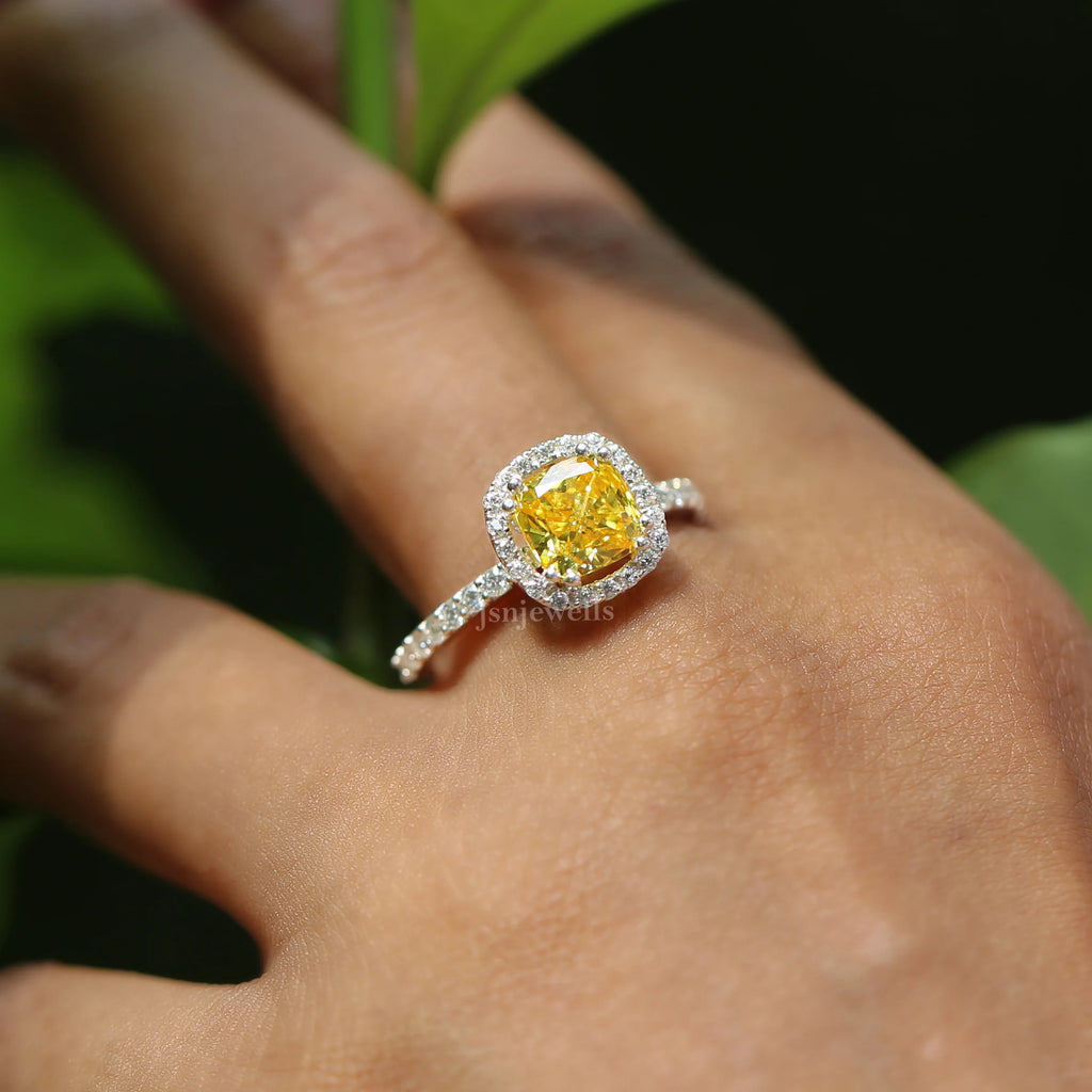 1.10 Ct Yellow Cushion Cut Lab Diamond Halo Ring