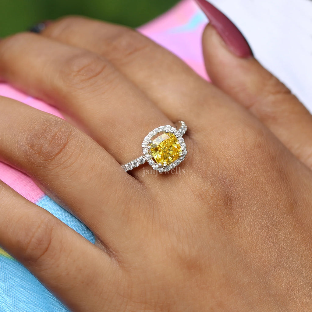 1.10 Ct Yellow Cushion Cut Lab Diamond Halo Ring