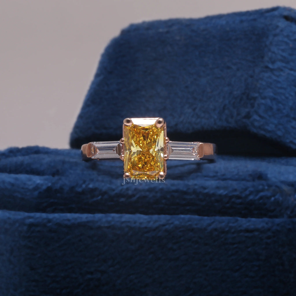 Yellow Radiant & Baguettet Cut CVD Diamond Engagement Ring