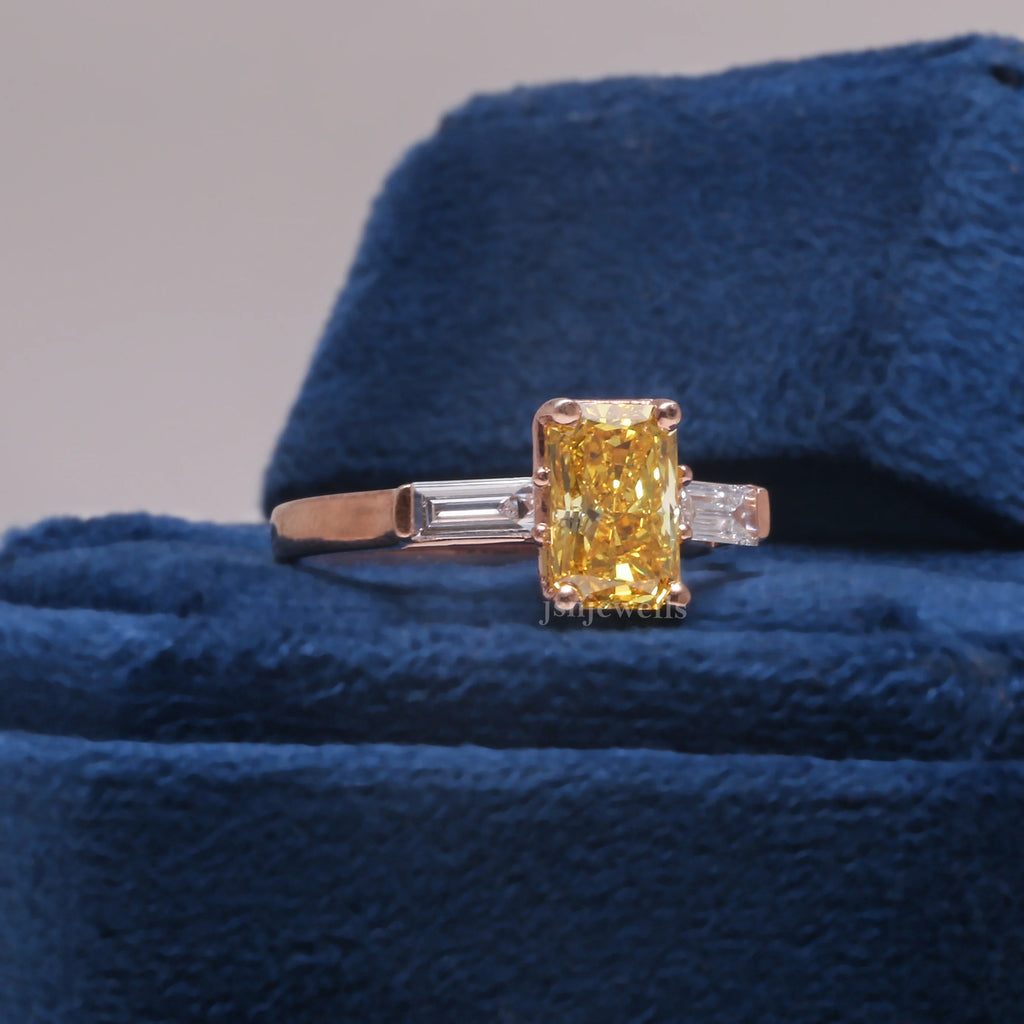 Yellow Radiant & Baguettet Cut CVD Diamond Engagement Ring