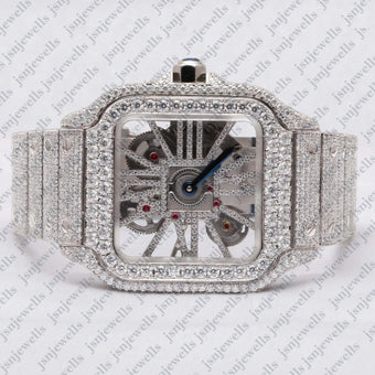 Moissanite Studded Skeleton Edition Bust Down Luxury Watch Square Dial