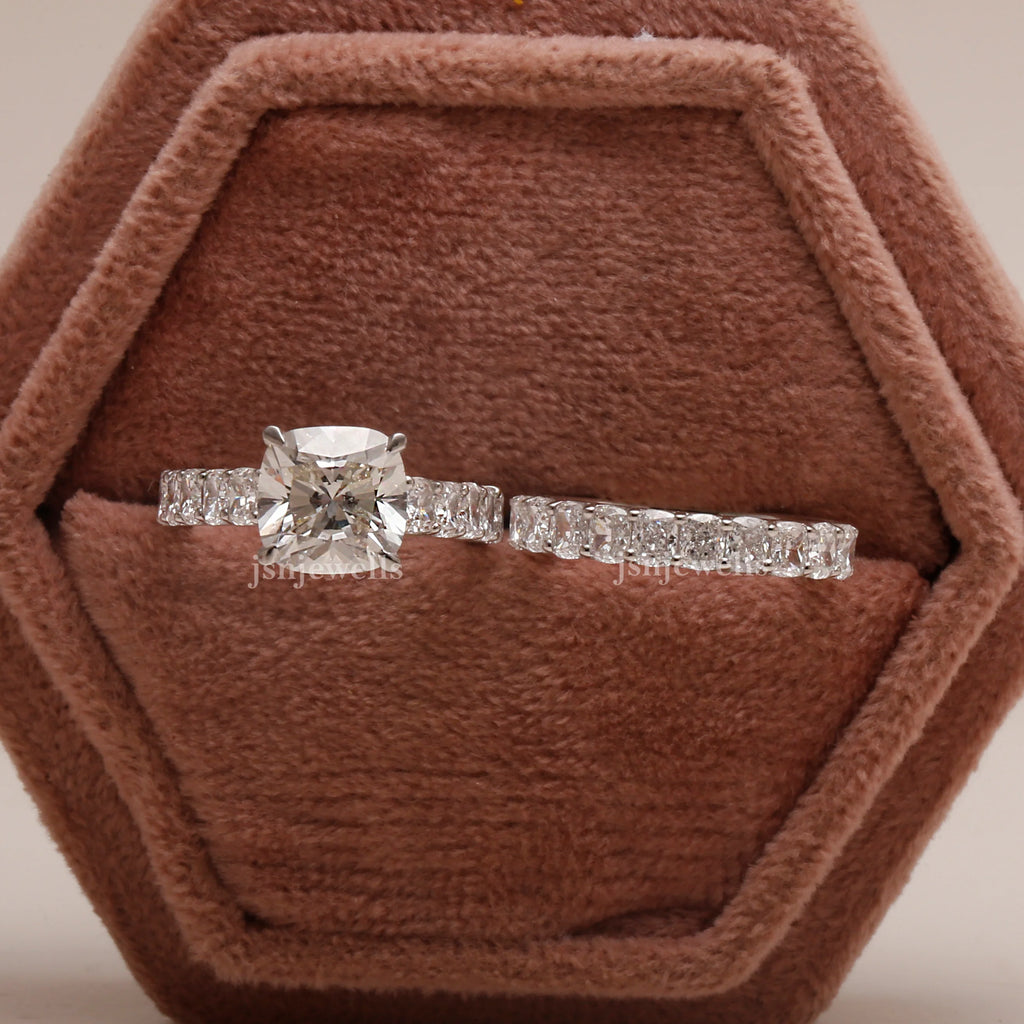 3 CT Cushion Cut Eco Friendly Diamond Bridal Ring Set