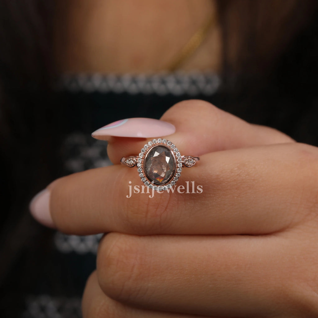 Natural Salt And Pepper Diamond Oval Rose Cut Ring