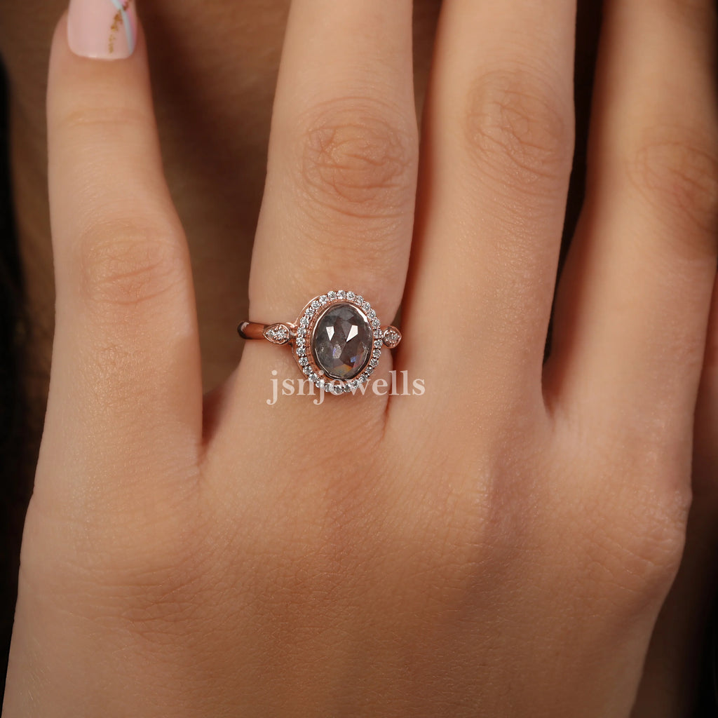 Natural Salt And Pepper Diamond Oval Rose Cut Ring