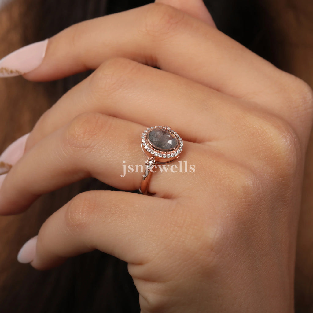 Natural Salt And Pepper Diamond Oval Rose Cut Ring