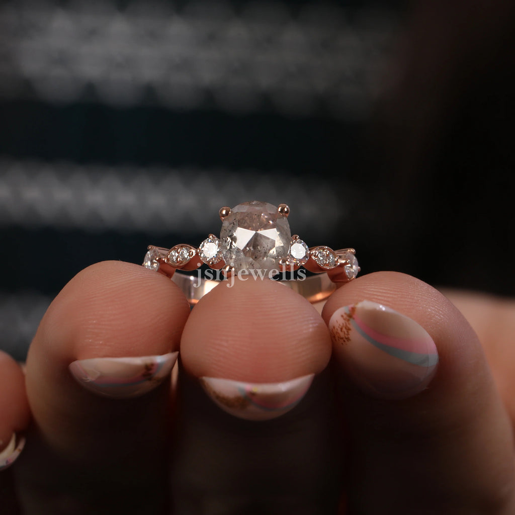 Natural Salt And Pepper Diamond With Oval Cut Ring