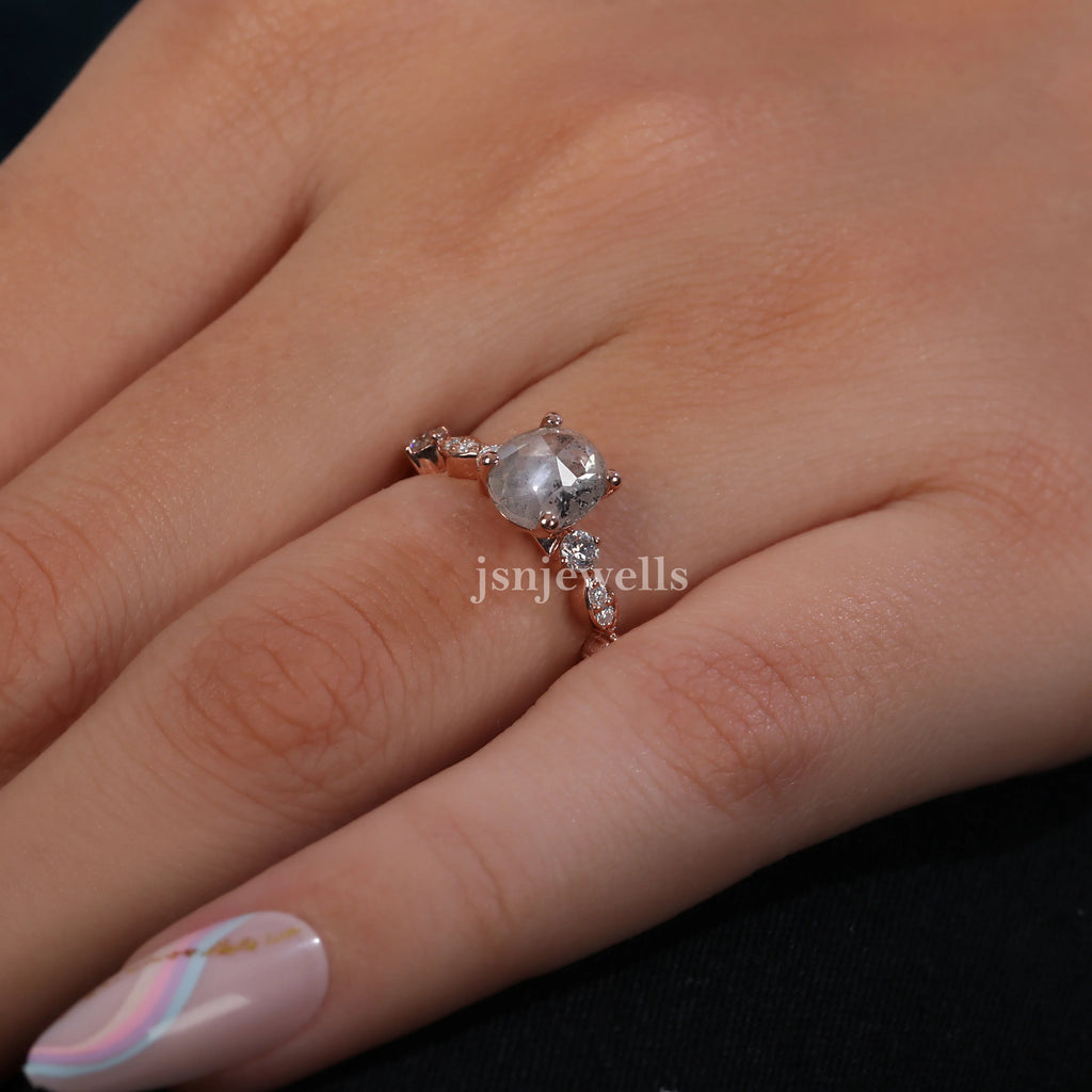 Natural Salt And Pepper Diamond With Oval Cut Ring