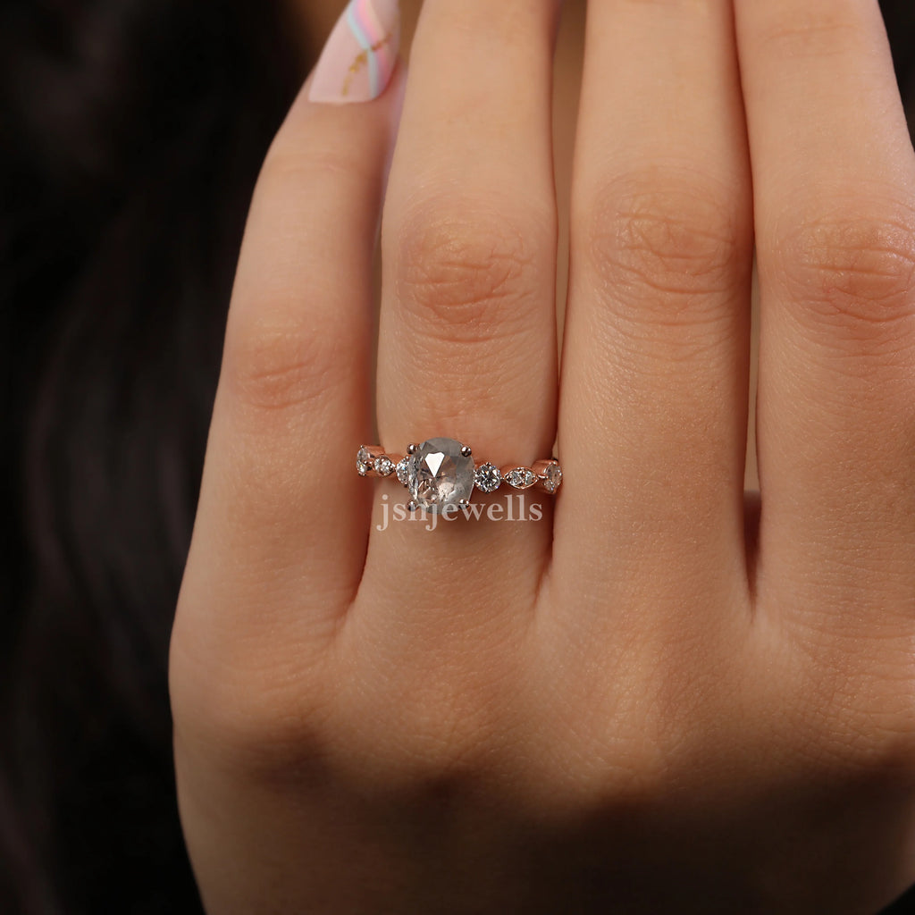 Natural Salt And Pepper Diamond With Oval Cut Ring