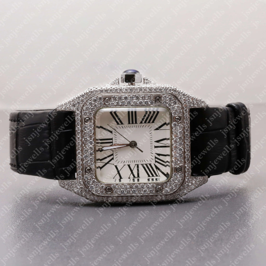 Pave Set Moissanite Square Dial Leather Band Watch Handmade