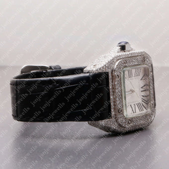 Pave Set Moissanite Square Dial Leather Band Watch Handmade