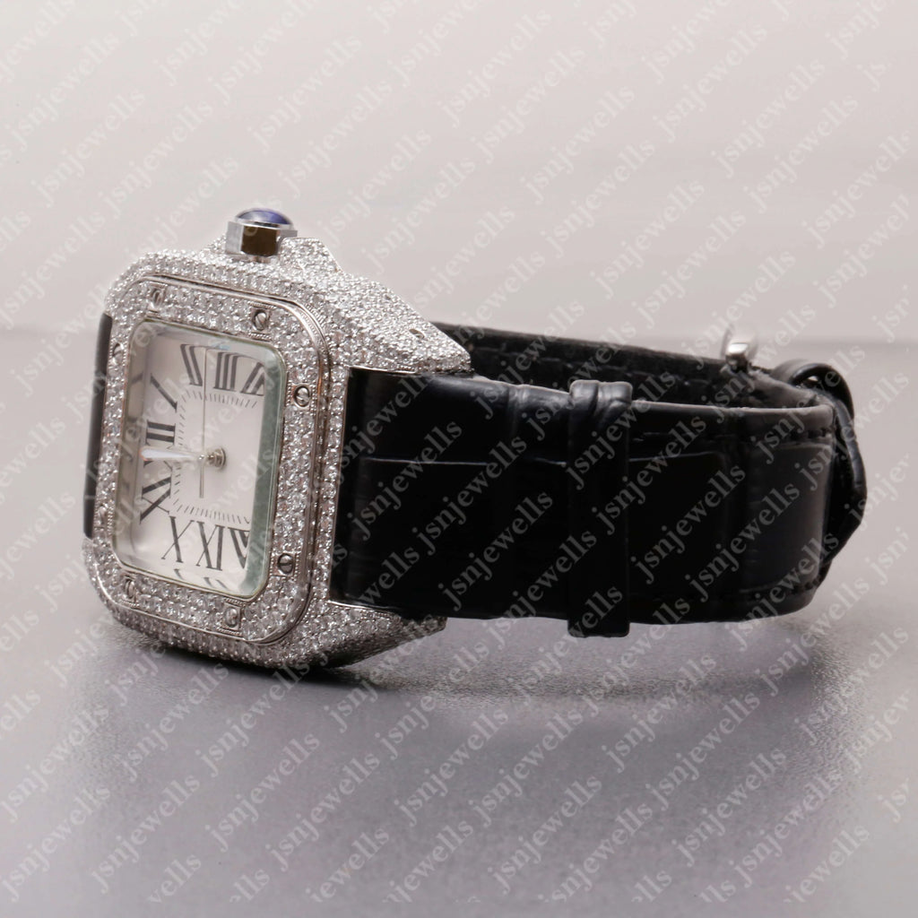 Pave Set Moissanite Square Dial Leather Band Watch Handmade