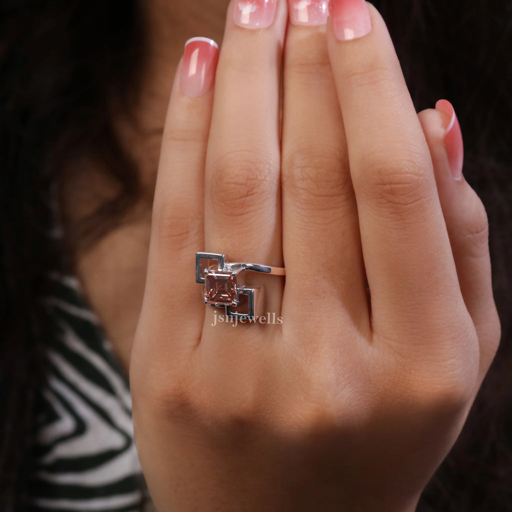 Pink Asscher Cut Lab Made Diamond Solitaire Unique Gift Ring