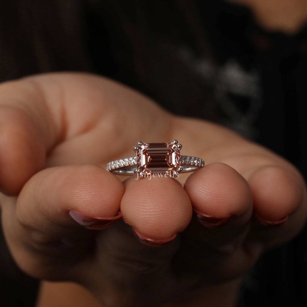 Pink Emerald Cut Lab Grown Diamond Engagement Ring