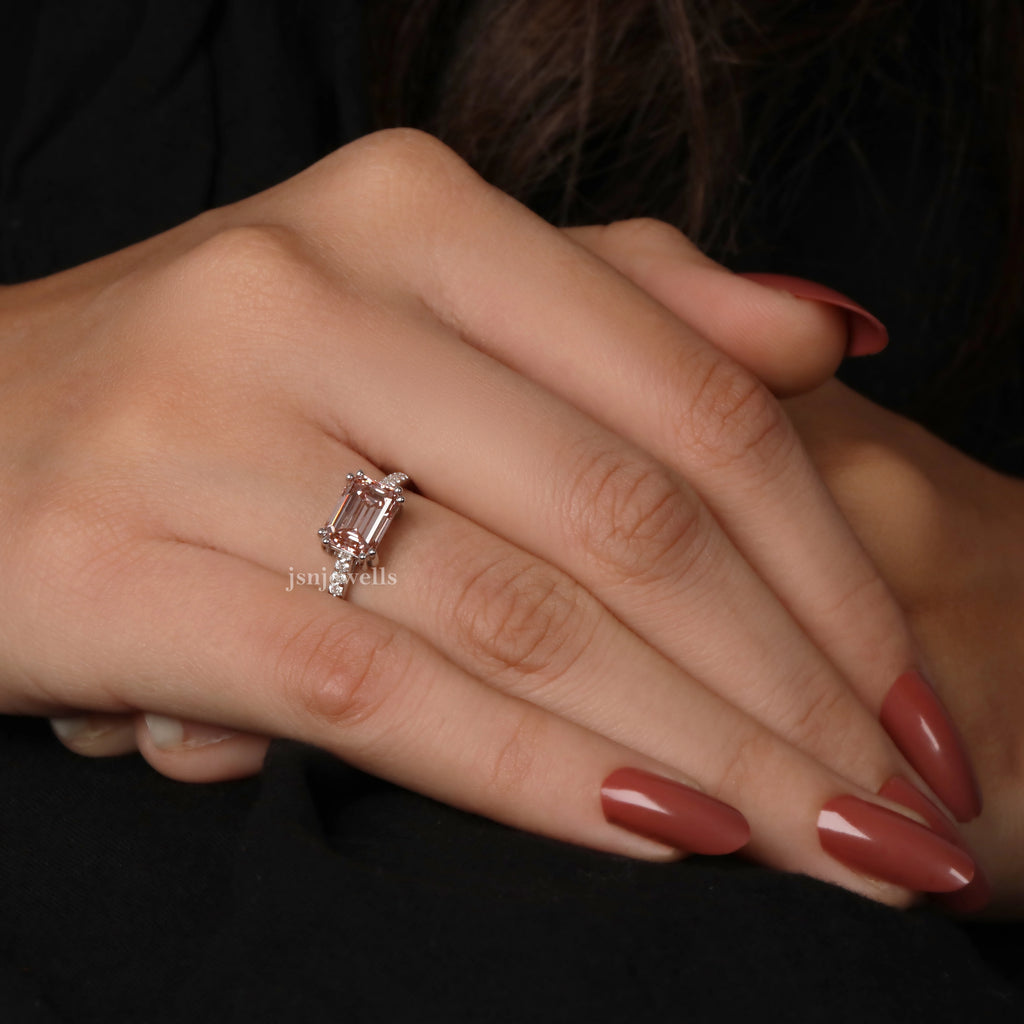 Pink Emerald Cut Lab Grown Diamond Engagement Ring