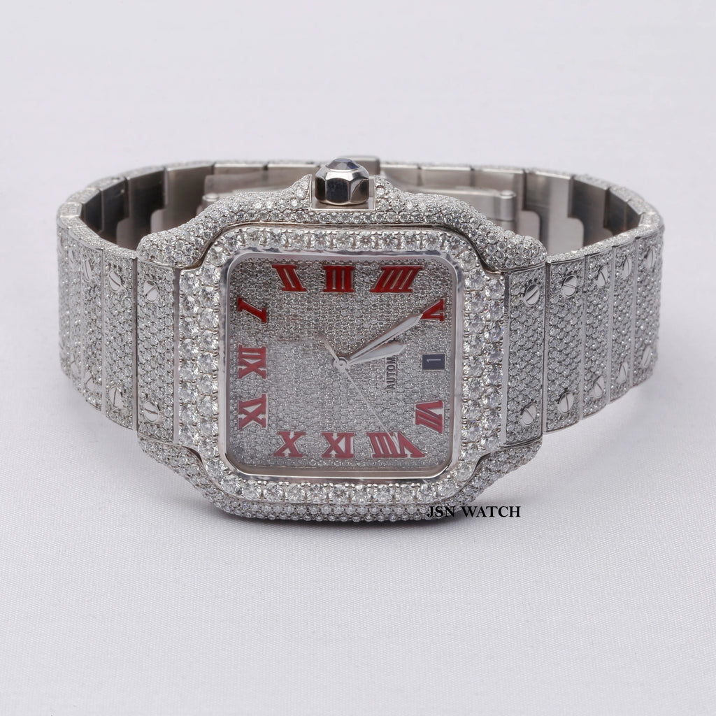 Single Tone Fully Iced Out Moissanite Watch With Red Roman Numerals