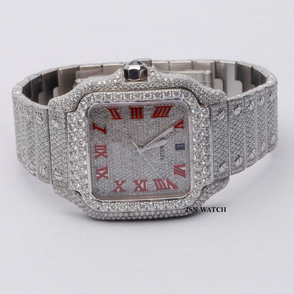 Single Tone Fully Iced Out Moissanite Watch With Red Roman Numerals