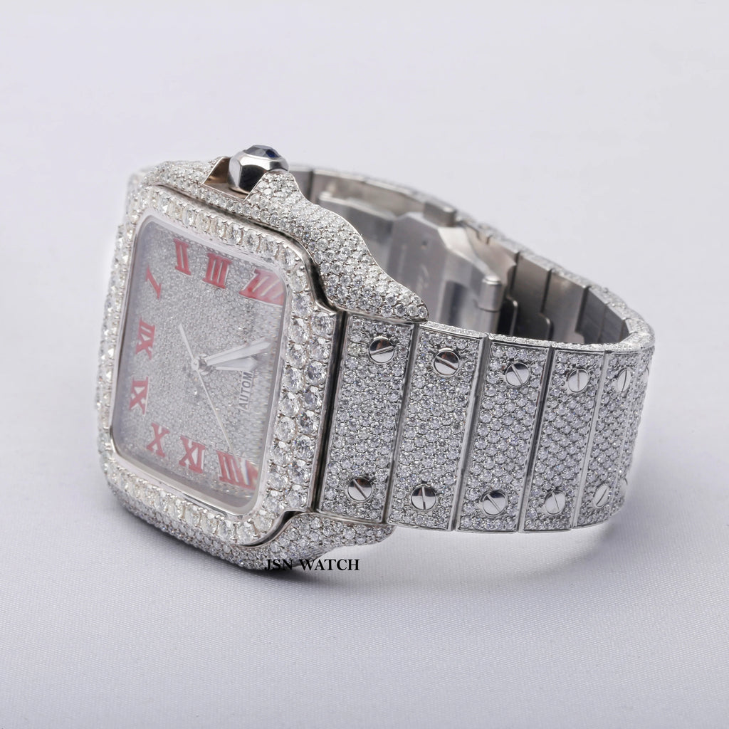 Single Tone Fully Iced Out Moissanite Watch With Red Roman Numerals