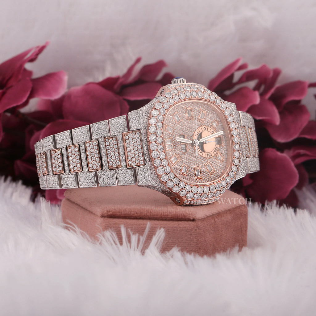 Two Tone VVS-Moissanite Iced Wrist Watch With Day-Date Display