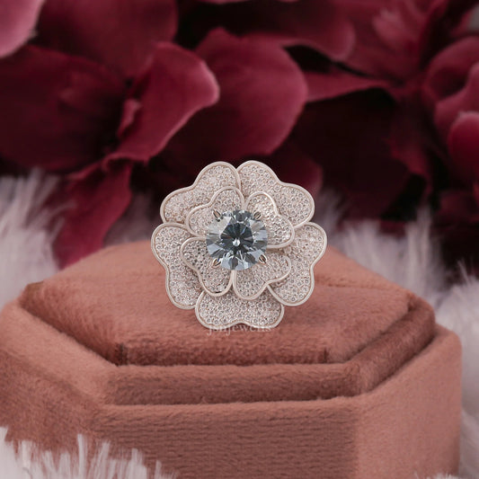 Unique Flower Style 2 Ct Blue CVD Diamond Pave Petal Ring