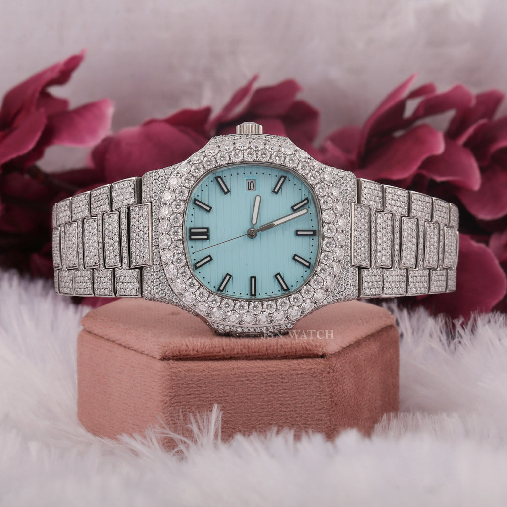 Moissanite Fully Iced Out Wrist Watch with Sky Blue Date-Dial