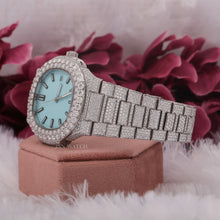 Moissanite Fully Iced Out Wrist Watch with Sky Blue Date-Dial