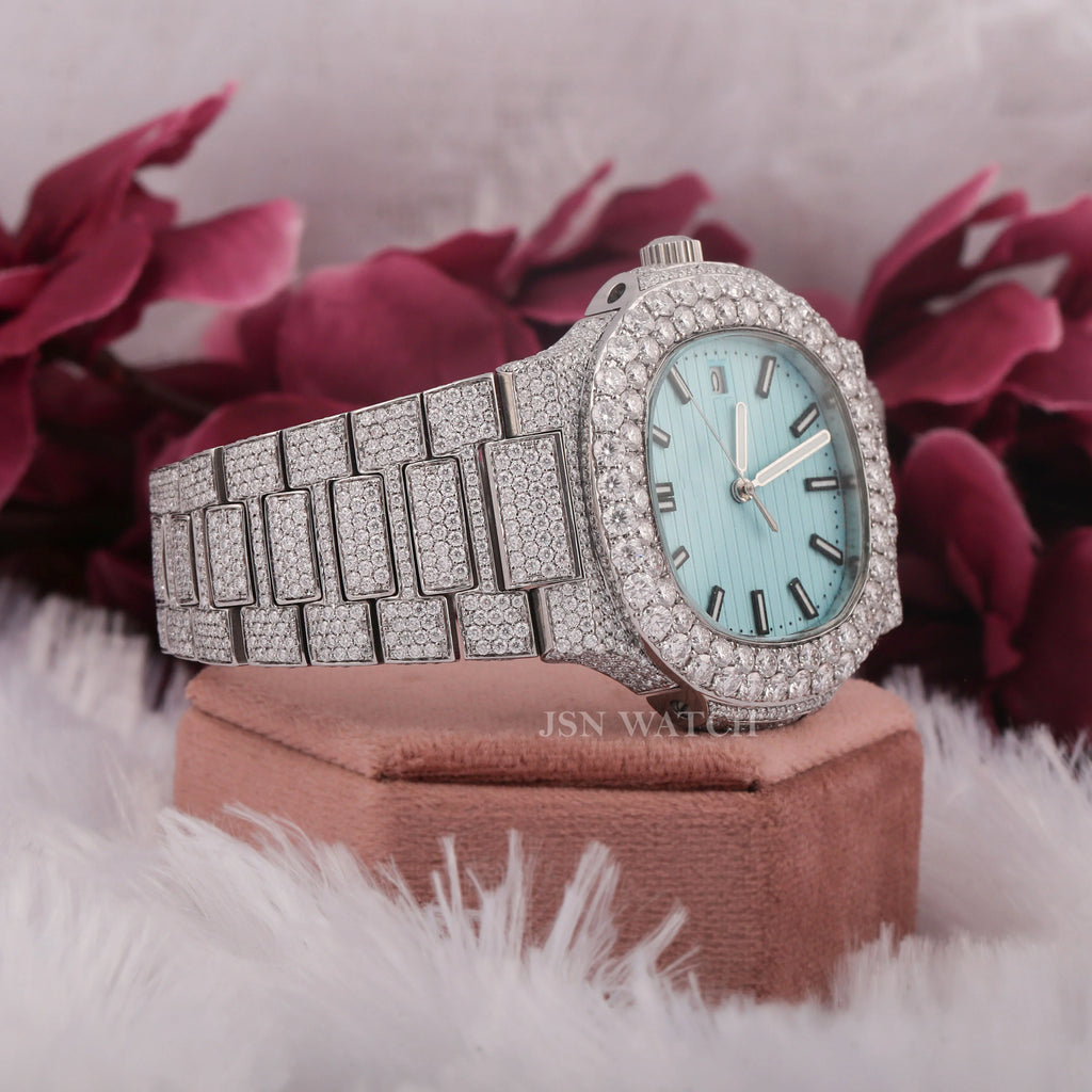 Moissanite Fully Iced Out Wrist Watch with Sky Blue Date-Dial